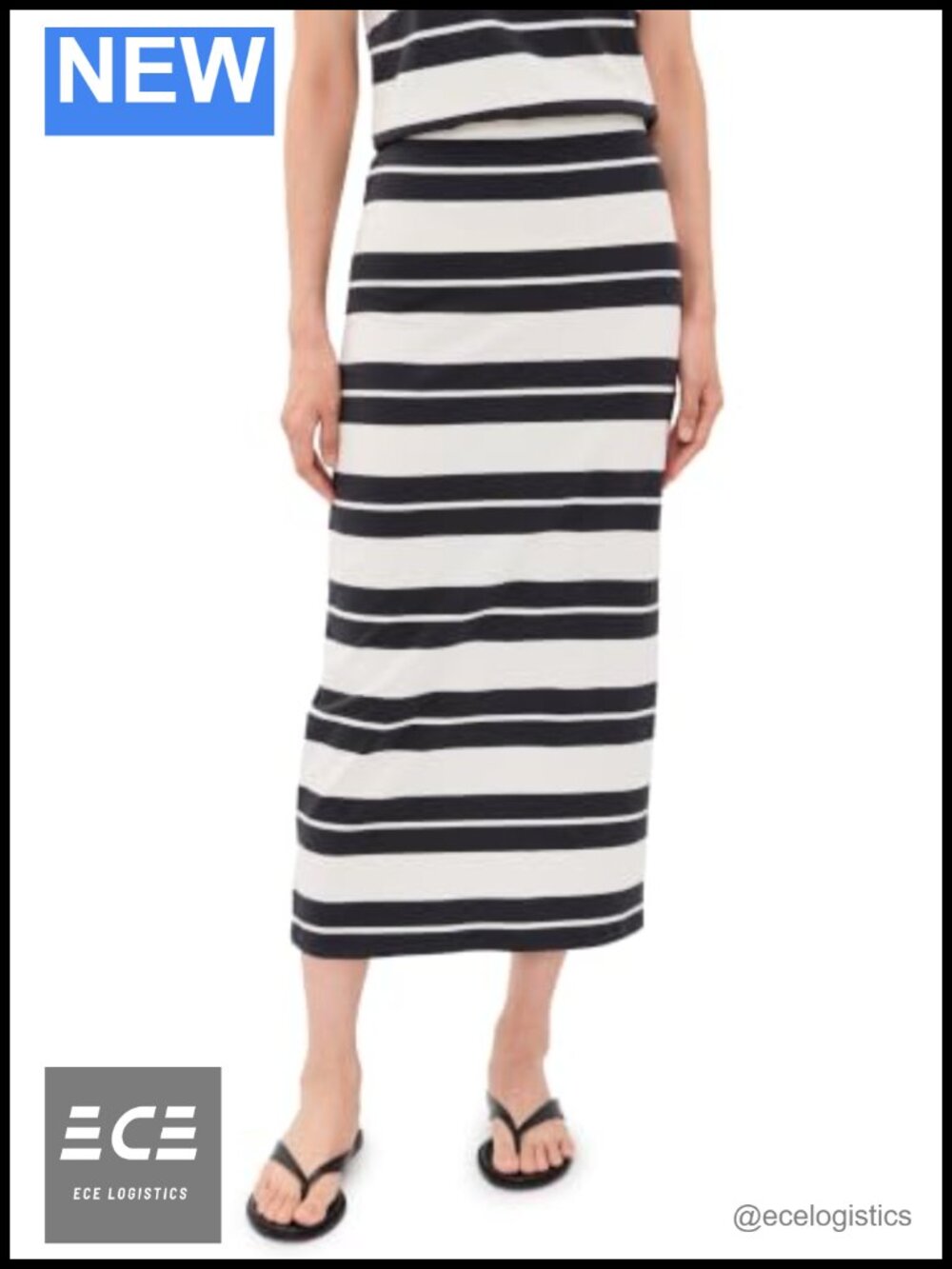 Striped Jersey Midi Skirt Lightweight Stretch Cotton Back Slit High Rise